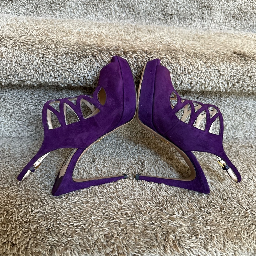 Prada Women’s Purple Suede Lattice Slingback Platform High Heel Sandals - Picture 8 of 12